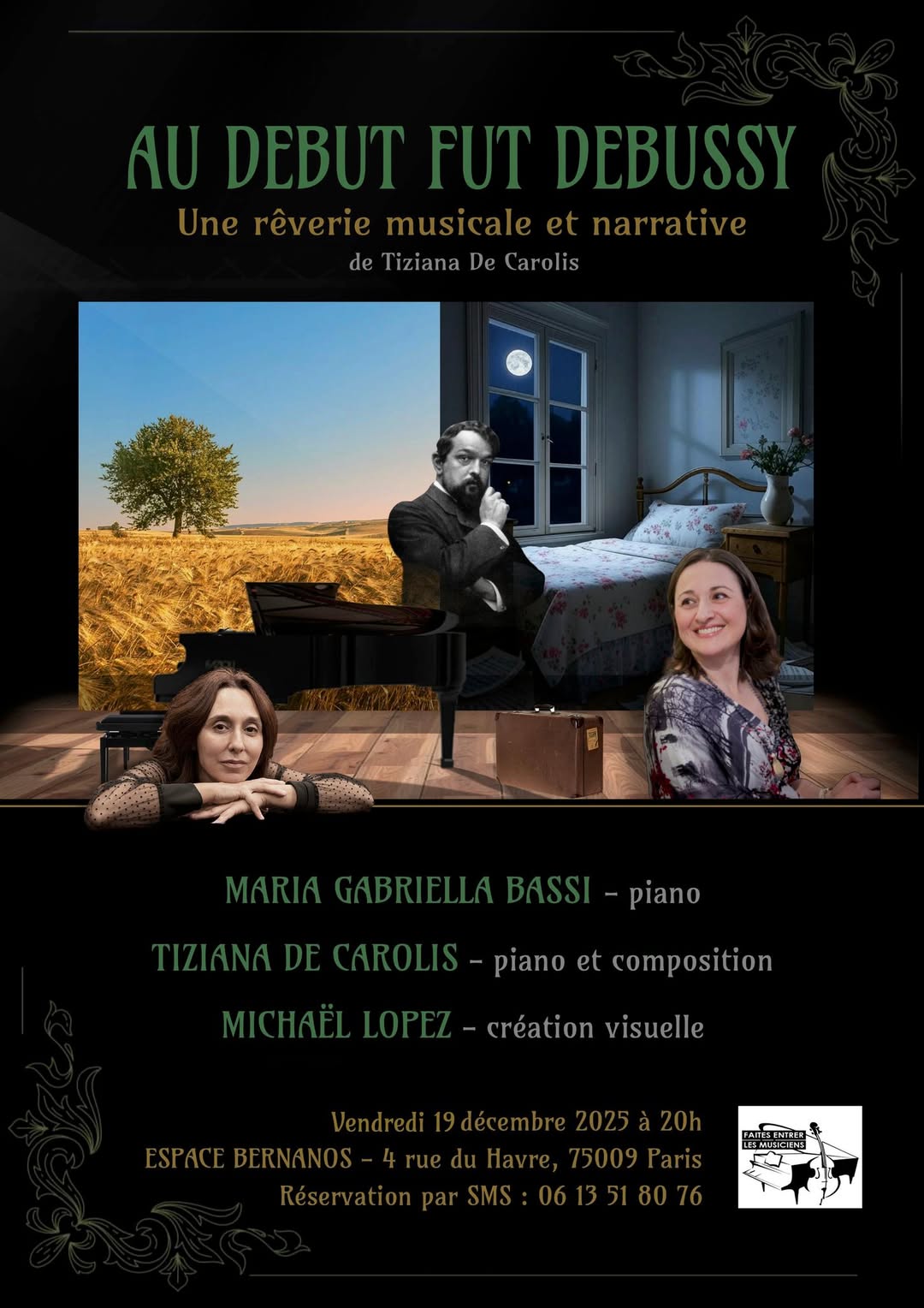 Affiche. Espace Bernanos, Paris. Une rêverie musicale et narrative de Tiziana De Carolis, pianiste-compositrice et Marie Gabriella Bassi, pianiste concertiste. 2025-12-19